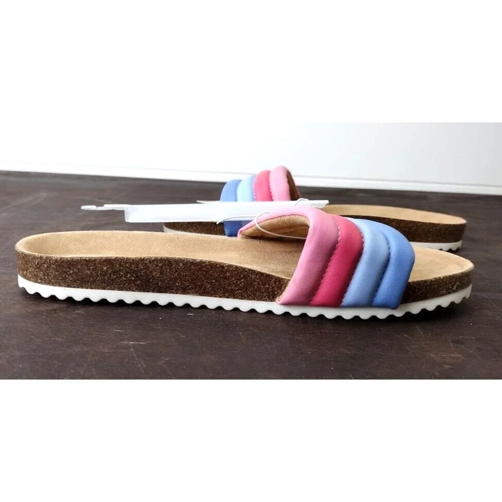 Cat Jack Kids Girls Slides Size 3 Rainbow Straps Cork‎ Footbed Sandals NWT